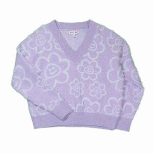 Hazel Moon Purple V-neck Sweater With A Flower Pattern And Smiley Faces